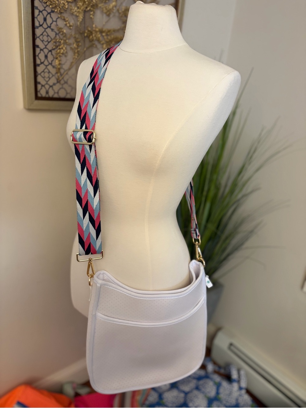White Crossbody Bag with Multicolor Chevron Strap